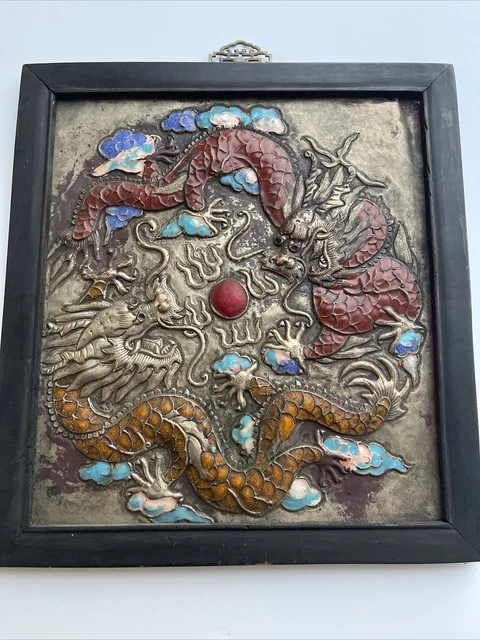 Chinese Dragon Sculpture Enamel Cloisonné Metal Old Scholar art Panel Antique