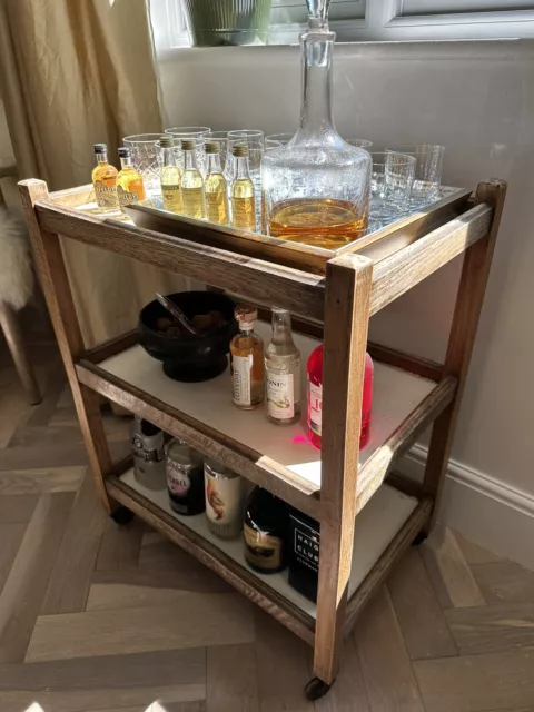 Oak Bar Cart Tea Trolley Vintage Retro Solid Wood Frame Painted 3 Shelves Drinks