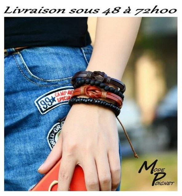 Ensemble  de 4 Bracelets Homme Cuir / Perles bois Le Combo Cool   REF : COMT Z19