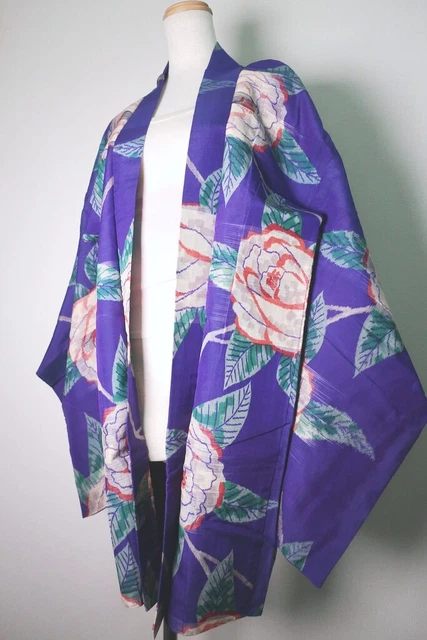 8797A3 Silk Vintage Japanese Kimono Haori Jacket Peony Meisen