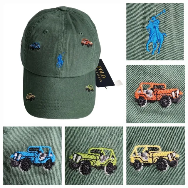 Polo Ralph Lauren Mens Allover Jeep Car Hat Green Cap Ajustible Strapback New