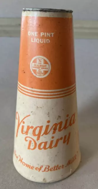 Wax Cone Milk Carton 1940'S Virginia Dairy One Pint "Home Of Better Milk"