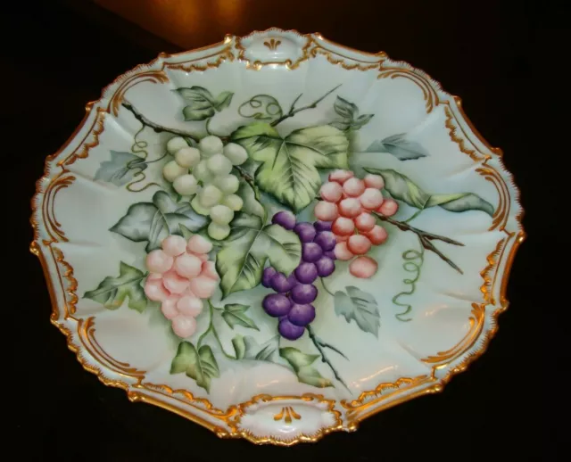 Antique Limoges Coiffe Hand Painted Charger Plate Tray 13", Grapes, Double Gold