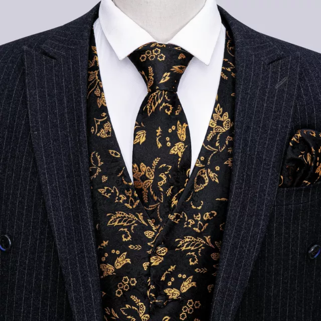 Barry Wang Mens Waistcoat Silk Paisley Floral Solid Vest Tie Set Wedding Casual