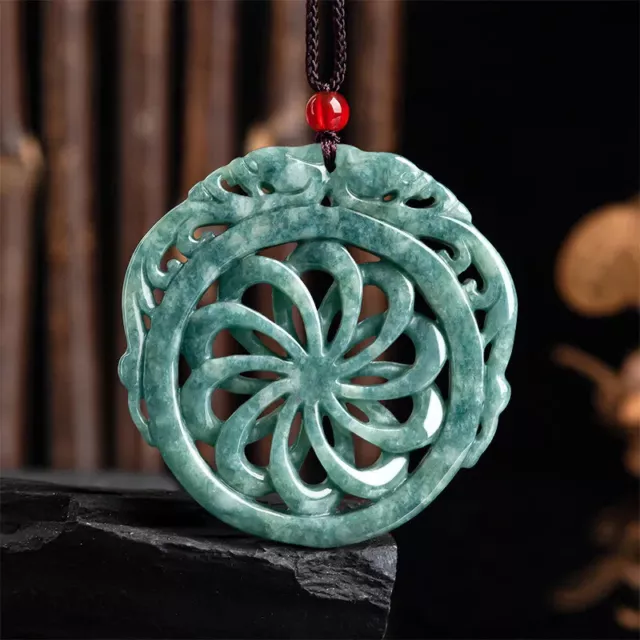 Chinese Natural Jadeite Hand Carved Double Dragons Hollow out Pendant Statue Y87
