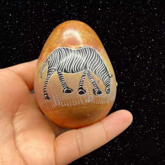 Vintage African Art Hand Carved Zebra Egg Shaped Paperweight 2”T 3”W