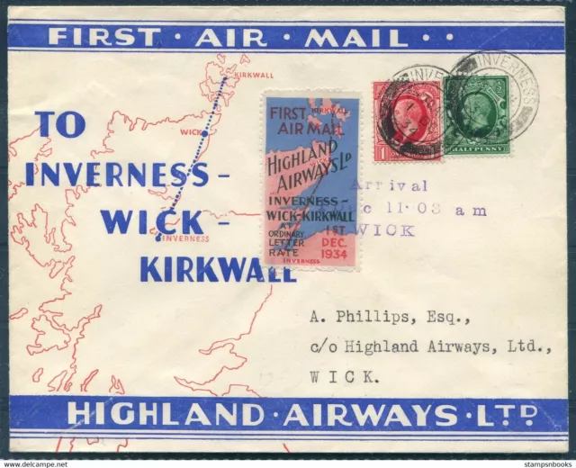 1934 GB Scotland Highland Airways First Air Mail Flight cover. Inverness / Wick