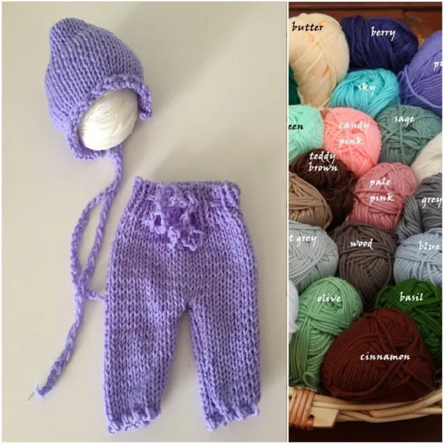 Newborn Hand Knit Pants Bonnet Hat SET for Baby Girl Boy Photo Prop Photography