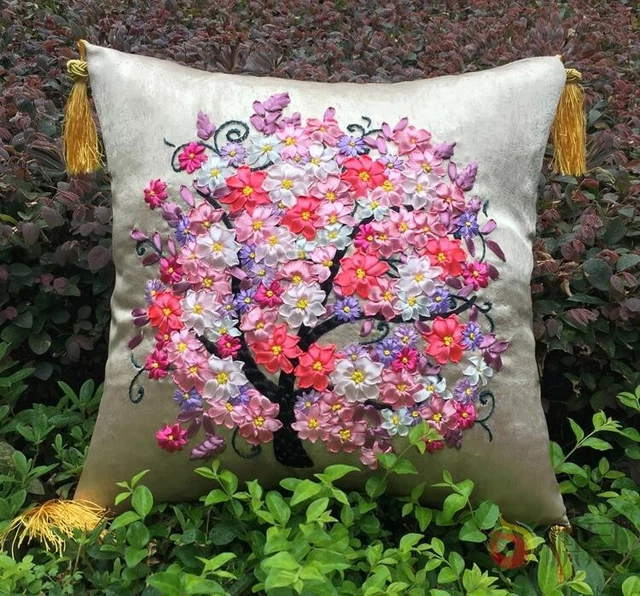 Acabado 40x40cm Flor Roja Happy Tree Cinta Bordado Kit Funda de Almohada