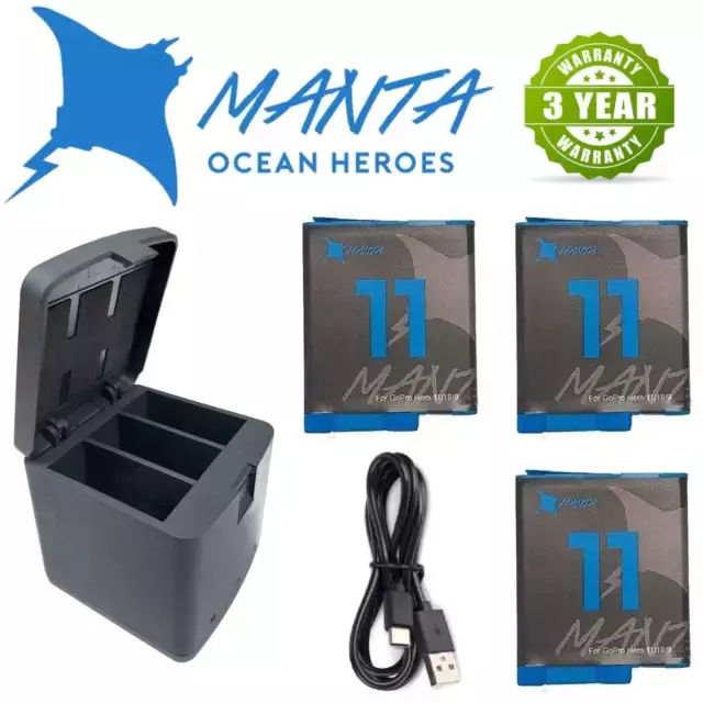 GoPro HERO11 10 9 8 7 6 5 4 3+ Battery Charger Dual/Triple MANTA HERO Black Kit