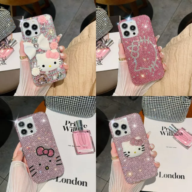 For iPhone 15 14 Pro Max 13 12 11 XS XR 8 Glitter Bling Hello Kitty Diamond Case