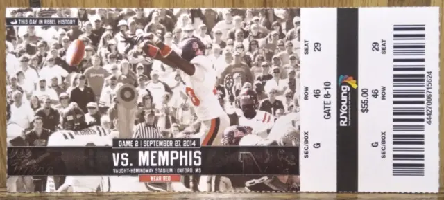Ole Miss Rebels Football vs. Memphis Tigers 9-27-2014 Used Ticket Stub