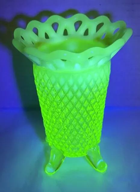 Vintage Imperial Uranium Glass Opalescent Diamond Point Lace Edge 5" Footed Vase