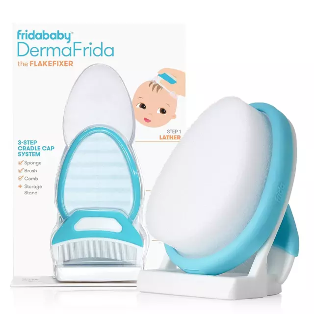 the 3-Step Cradle Cap System, Dermafrida the Flakefixer, Sponge, Brush, Comb and