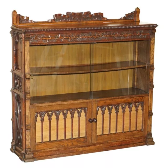 Exquisite & Important Ornately Hand Carved Gothic Revival Pugin Style Bookcase