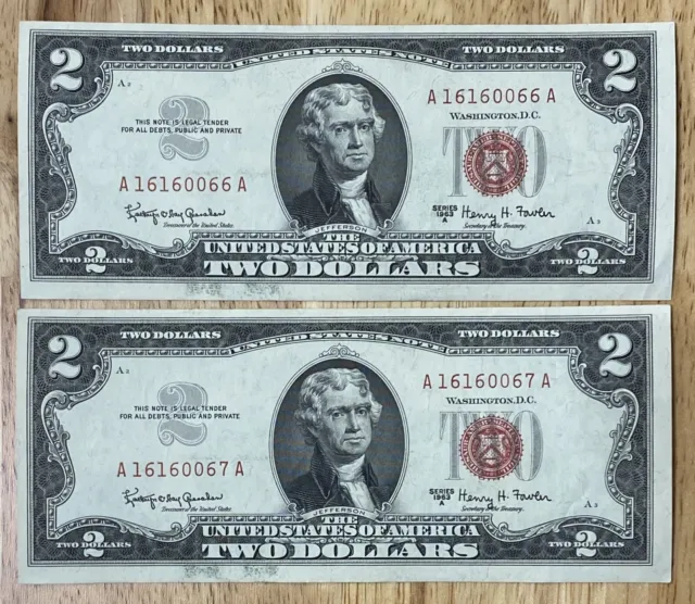 2 Pc Lot CU Consecutive 1963-A $2 Bill United States Note Red Seal 066A-RCN