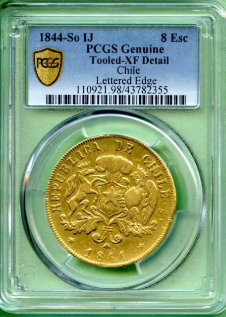 Chile   1844  So Ij   Pcgs  Genuine   Gold 0,7596 Oz     8 Esc  Letterrd Edge
