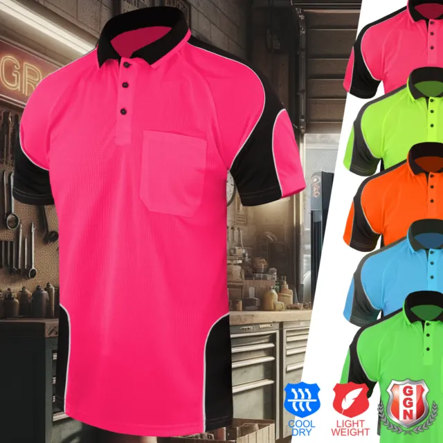 HI VIS Polo Shirts Mens Active Work Wear Contrast PANEL PIPING Cool Dry Fit Mesh