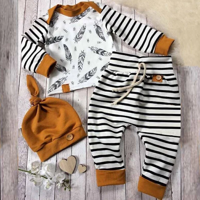 3tlg Jungen Neugeborene Kleidung Set Gestreifte Langarm Shirt Hose Hut Outfits