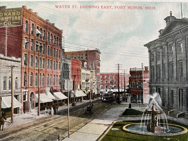 Port Huron Michigan 1907 Water Street View Looking East Trolly Streetcar