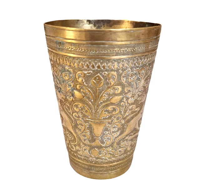Vintage Old Antique Brass Fine Lion Floral Embossed Victorian Milk / Water Glass 4