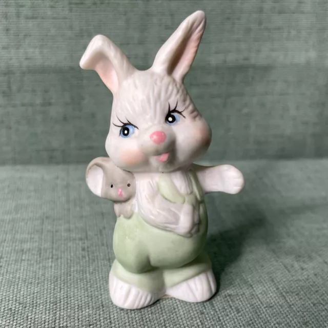 Vintage Easter Bunny Rabbit w Mouse Porcelain Figurine 3" Green Overalls