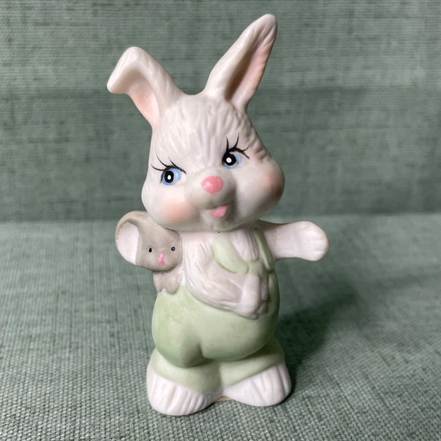 Vintage Easter Bunny Rabbit w Mouse Porcelain Figurine 3" Green Overalls