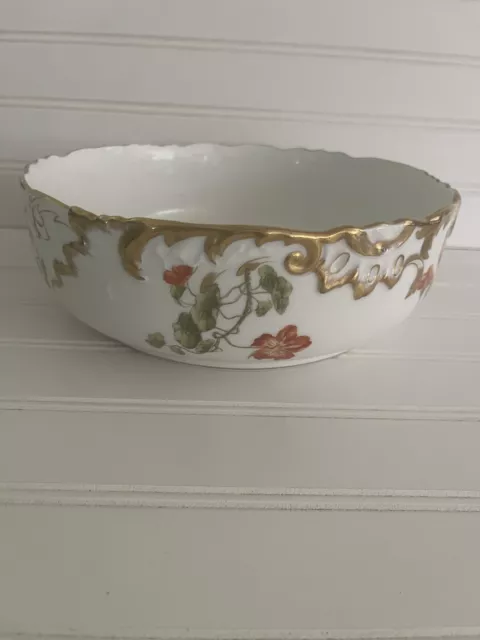 Limoges T & V France Vintage Floral Gold Rimmed Scalloped Bowl Rare piece 9”x 9”