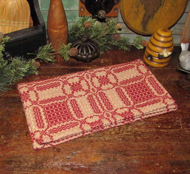 Primitive Antique Vtg Style Red Tan Cotton Woven COVERLET RUNNER RQ30RSR