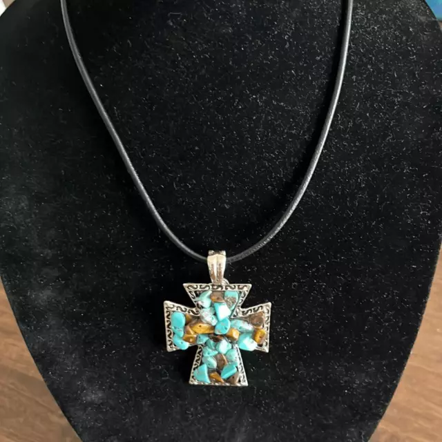 Bohemian SilverTone Cross TurquoiseBrown Stone Magnetic Closure Leather Necklace