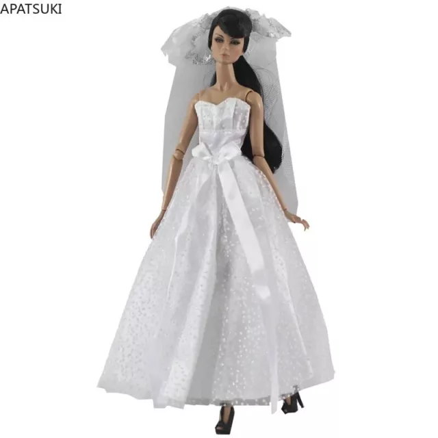 Weißes Mode-Hochzeitskleid für Barbie-Puppe Outfit & Schleier 1/6 Puppen Zubehör