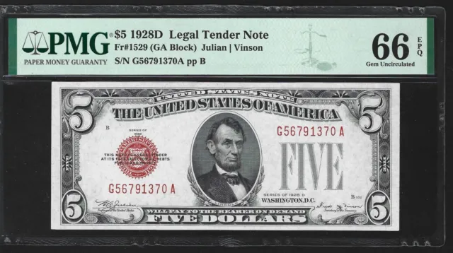 1928D $5 Legal Tender Note Fr#1529 PMG66 EPQ - KEY NOTE - TOP POP - G56791370A 2