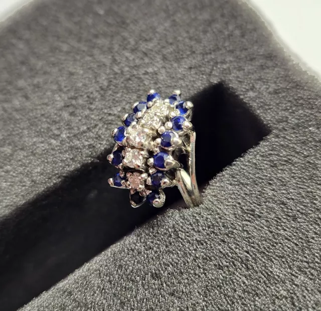 14K WHITE GOLD Diamond & Sapphire Cluster Ring $475.00 - PicClick