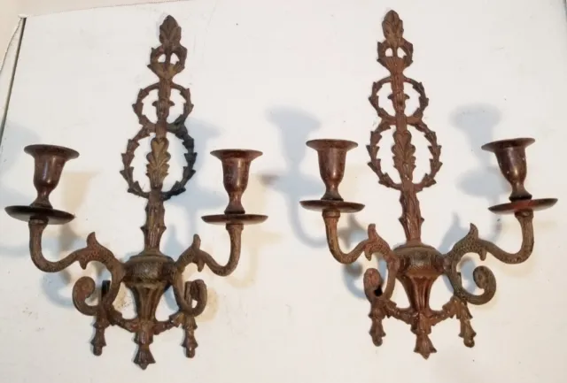 Pair of Rustic Weathered/Oxidized Double Candle Cast Iron Wall Sconces
