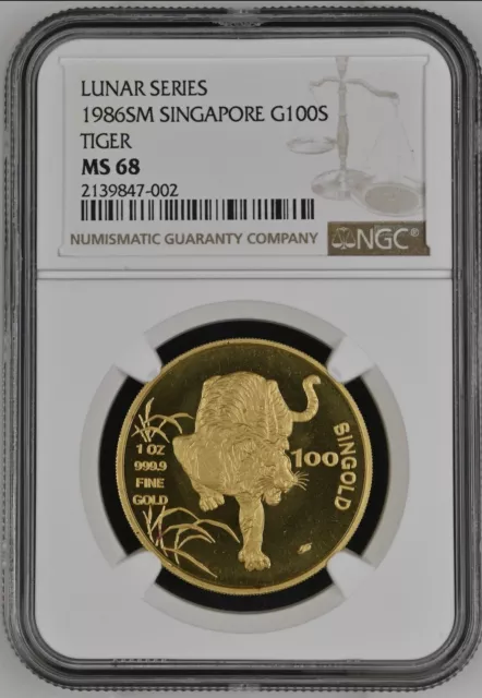 1986 Singapore Lunar Series Tiger 1 Oz Gold NGC MS 68 Top Pop