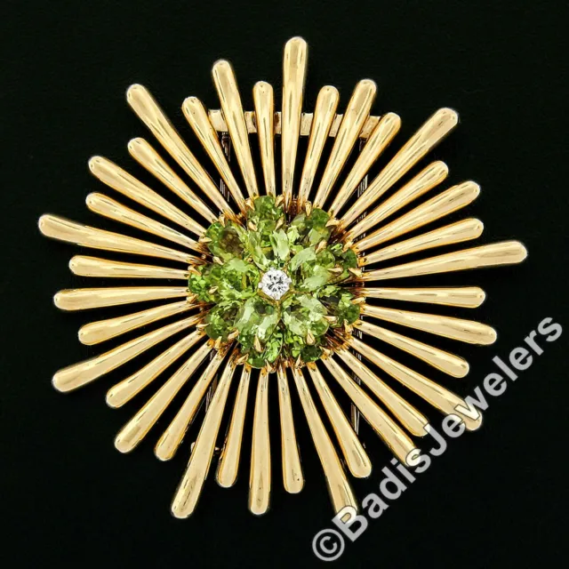 Vintage Retro 14K Gold Peridot & Diamond Cluster Radiating Spray Flower Brooch