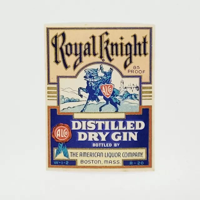 VINTAGE ROYAL KNIGHT Dry Distilled Gin Label American Liquor Co Boston ...