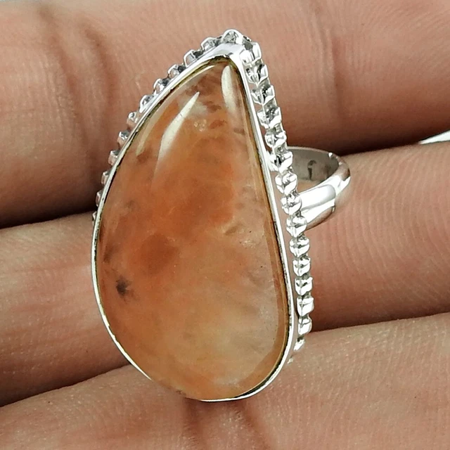 Natural Aventurine Gemstone Cocktail Vintage Ring Size 7.5 925 Silver J24