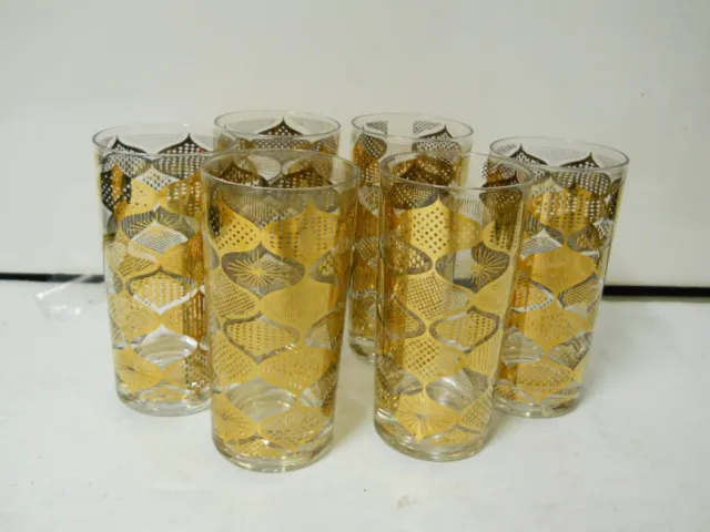 1960's Gold Leaf Collins Highball Glasses x6 MCM Libbey Culver Retro Barware