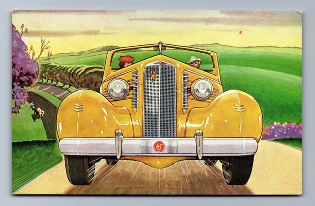 C.1930 YELLOW CADILLAC LASELLE, GM, ROARING THROUGH COUNTRYSIDE Postcard Ad P9