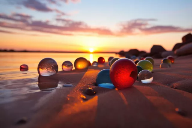 Glasmurmeln an einem Sandstrand bei Sonnenuntergang, erstellt mit generativer KI