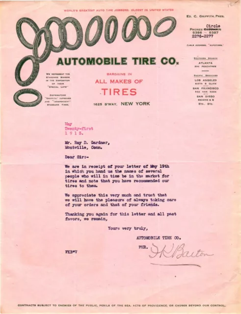 Vintage LETTERHEAD*AUTOMOBILE TIRE CO*New York City, NY*1915 *pink  (M)