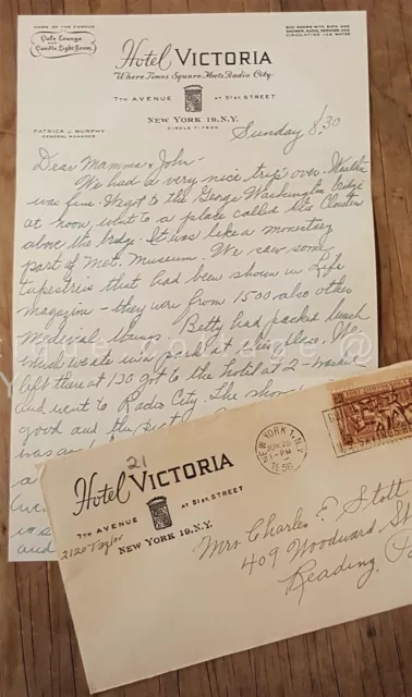 1956 antique HANDWRITTEN LETTER HOTEL VICTORIA ny LETTERHEAD reading pa STOTT