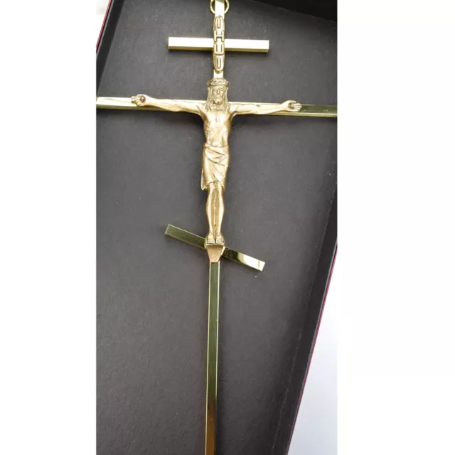Gold Toned Hanging Brass Three Bar Greek Crucifix Corpus Christi Center, 10 In