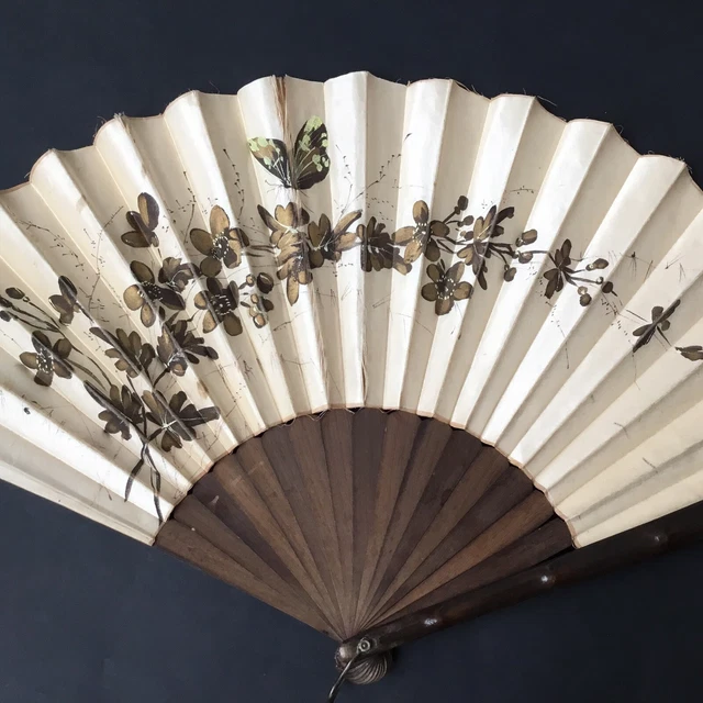 Grand EVENTAIL Ancien Décor Peint de Fleurs sur Soie 1900 Antique FAN VENTAGLIO