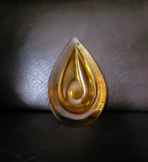 SASAKI Vtg Japanese Amber Teardrop Shaped Art Glass Dish 1960s by Denji Takeuchi