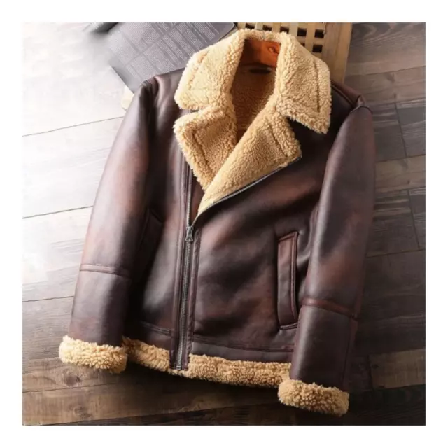 Mens Real Leather Distressed Brown Shearling Fur Bomber Aviator Sheepskin Jacket 3