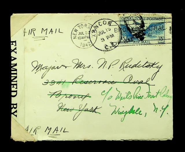 SEPHIL CANAL ZONE PANAMA 1942 WWII 15c ON CENSOR AIRMAIL COVER REDIRECTED TO USA