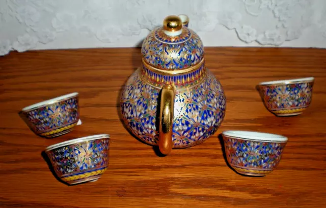 RARE Stunning MINIATURE THAI TEA SET: Fine Porcelain, Hand-Painted & Gold Gilded 2