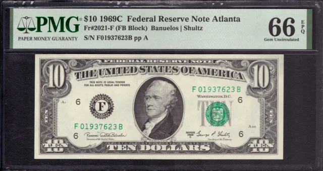 1969 C $10 Federal Reserve Note Atlanta Fr.2021-F Fb Block Pmg Gem Unc 66 Epq